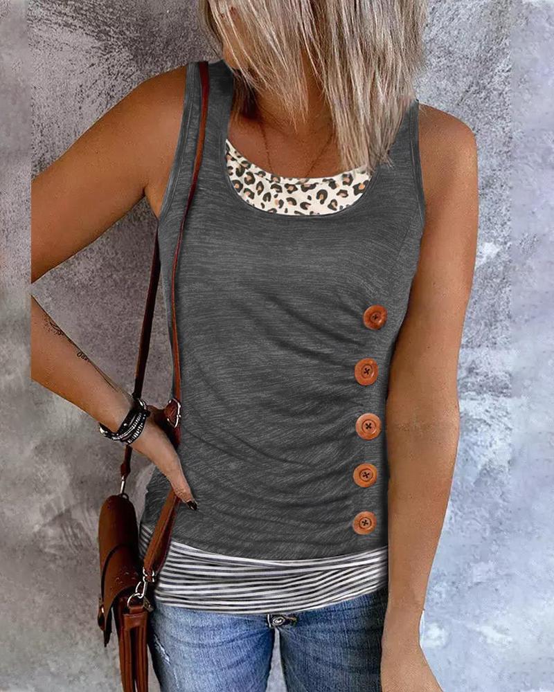 

Striped Leopard Print Ruched Buttoned Fake Two Piece Tank Top, Gray