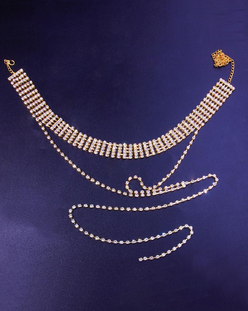

1pc Tassel Design Wide Band Rhinestone Choker Necklace, Gold