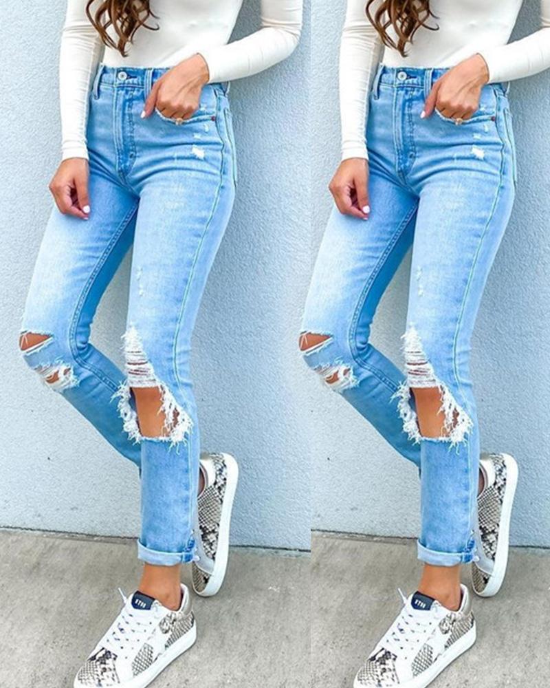 

Solid Skinny High Elastic Ripped Pencil Denim Pants Jeans, Blue
