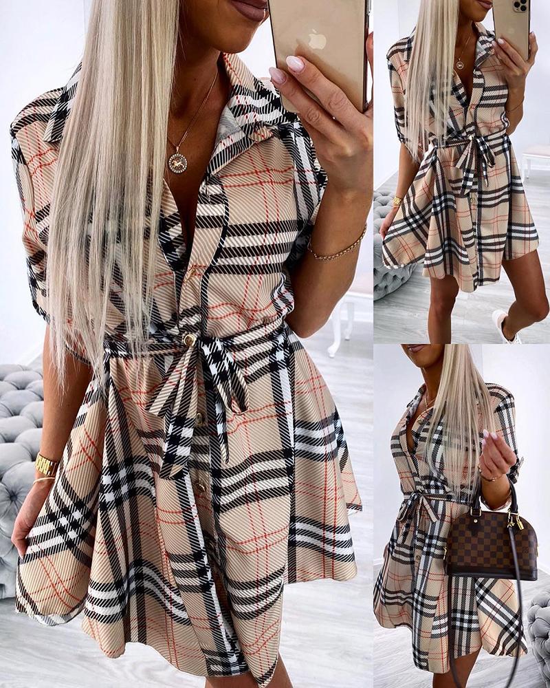 

Plaid Print Tied Detail Half Sleeve Buttoned Shirt Dress, Khaki