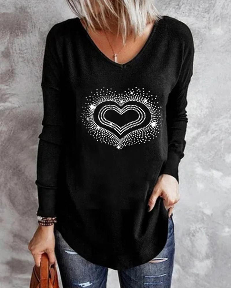 

Rhinestone Heart Pattern Long Sleeve Casual Top, Black