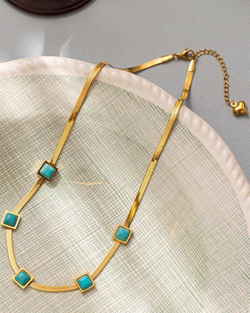

1pc Square Turquoise Herringbone Chain Necklace, Gold