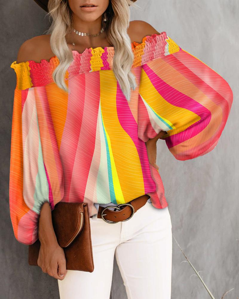 

Colorblock Shirred Off Shoulder Lantern Sleeve Top, Multicolor