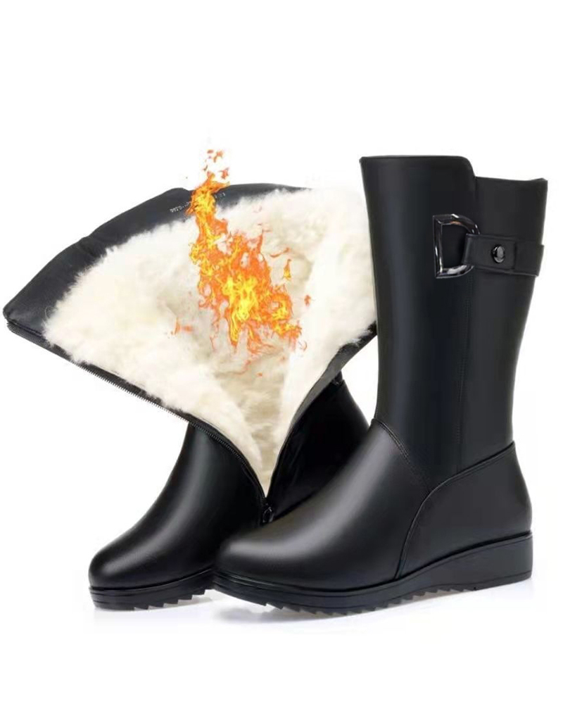 

PU Leather Lined Thermal Calf Boots, Black