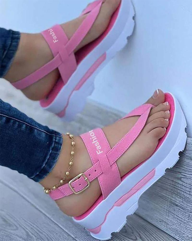 

Toe Post Letter Pattern Buckled Platform Sandals, Pink