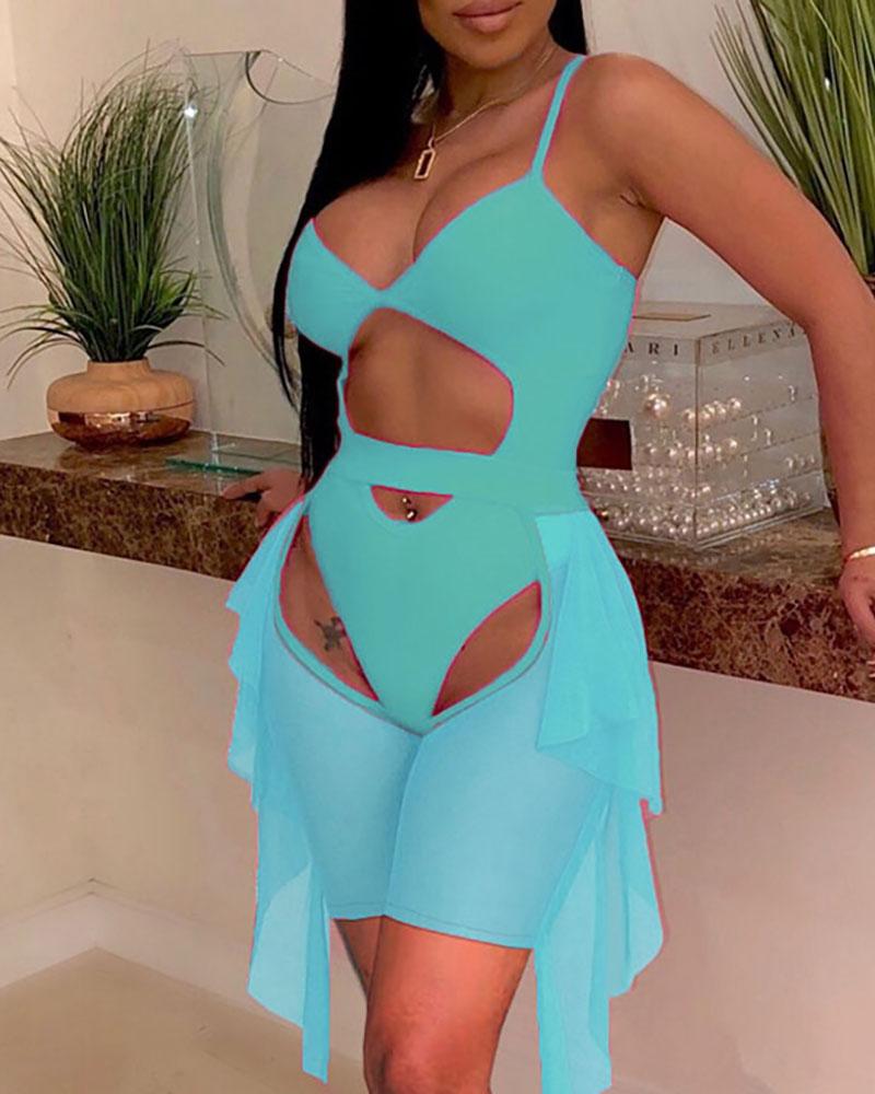 

Cutout Front One Piece Swimsuit With Ruffles Mesh Cover Up Skirt, Blue