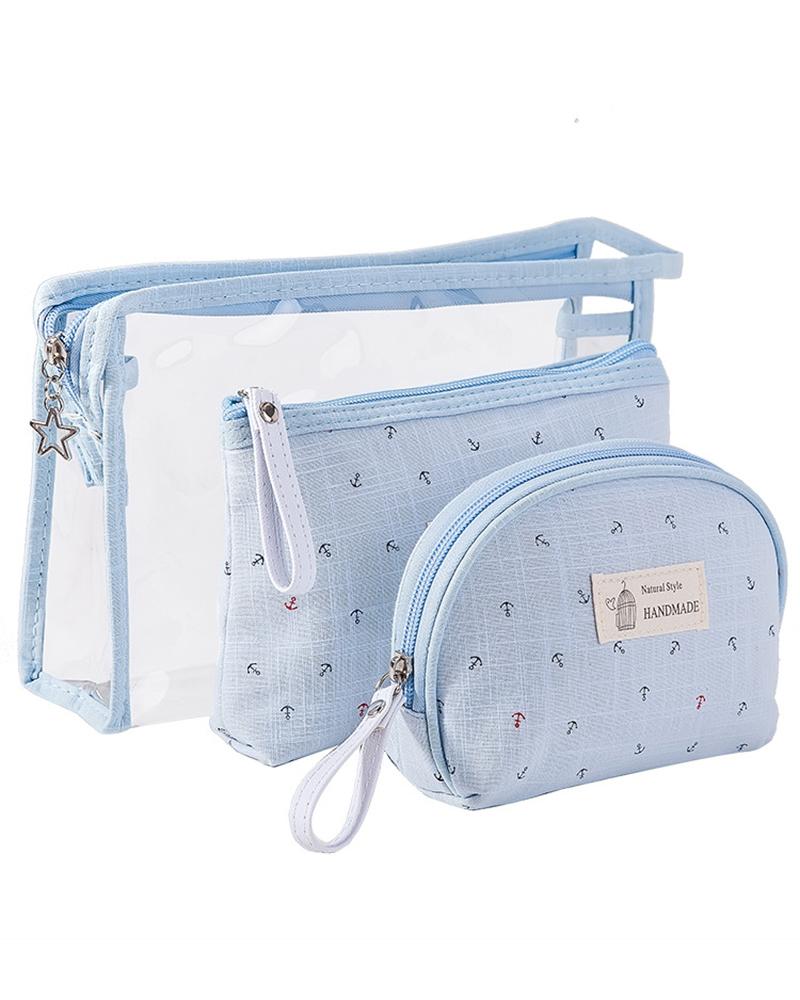 

3pcs Anchor Zipper Waterproof Accessories Organizer Cosmetic Makeup Toiletry Travel Bags Set, Sky blue