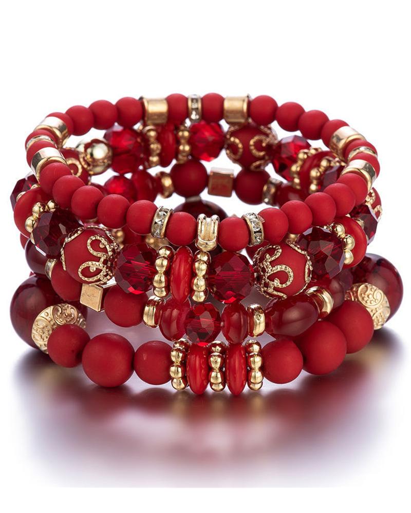 

Heart Pattern Stacking Elastic Beaded Multi-layer Bohemian Bracelet, Red