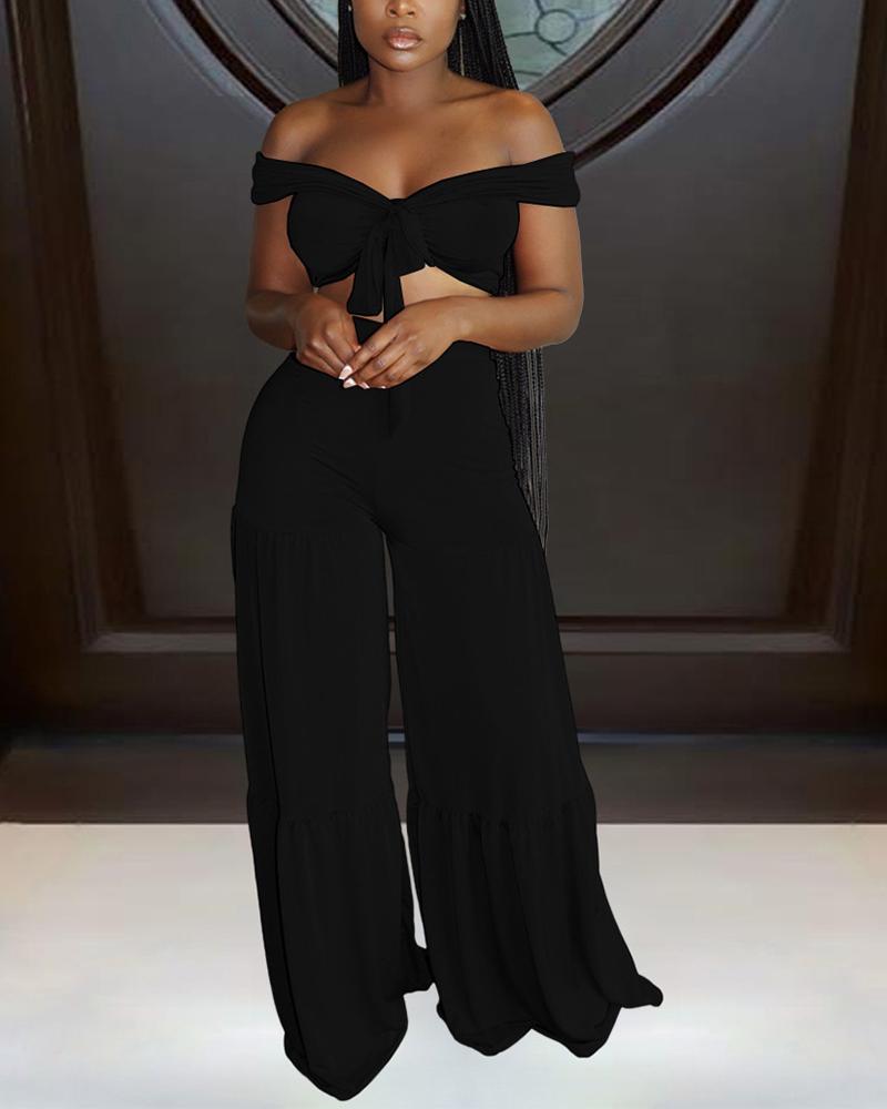 

Solid Short Sleeve Strappy Cropped Blouse With Wide Leg Suit Sets, Black