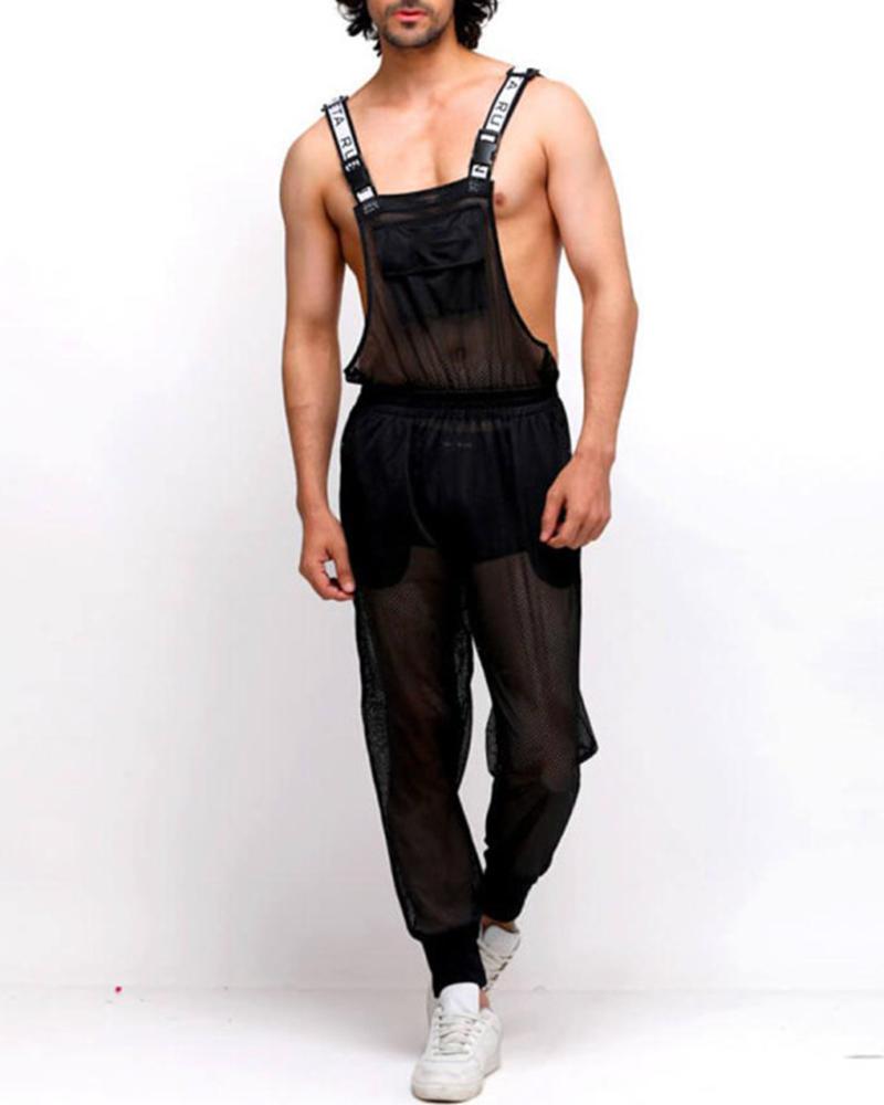 

Letter Banded Mesh Patch See-through Overall Jumpsuit, Black