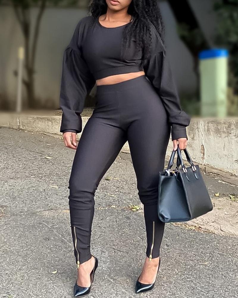 

Puff Sleeve Crop Top & Zipper Hem Pants Set, Black