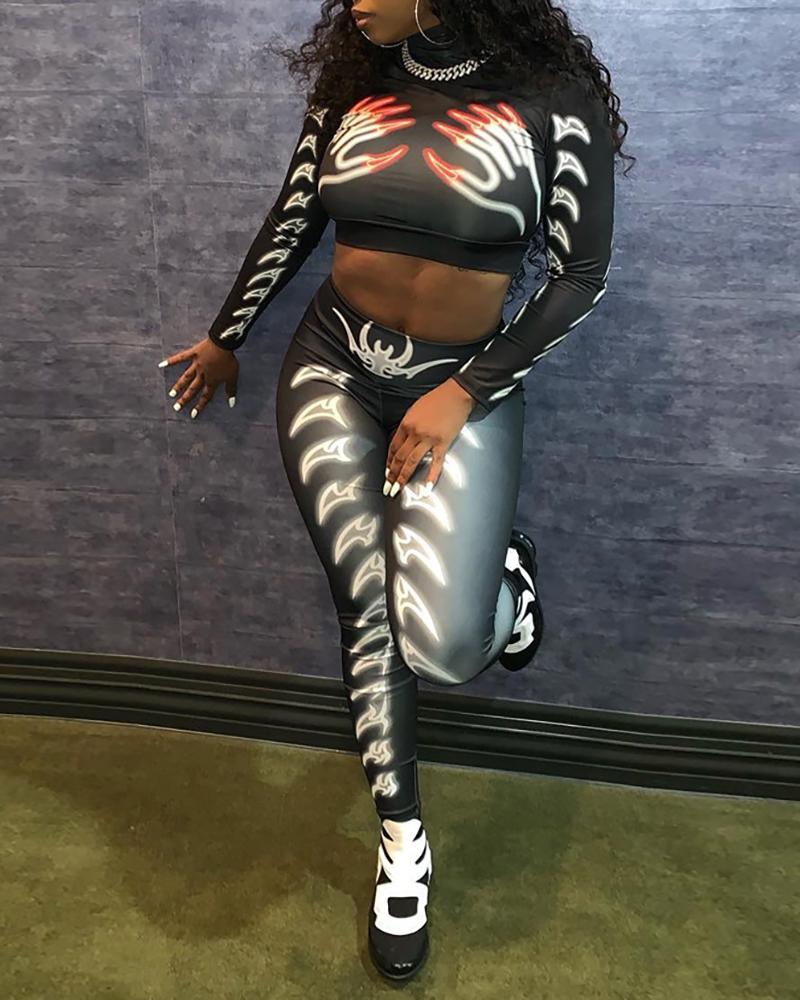 

High Neck Hand Bones Crop Top & Pants Sets, Black