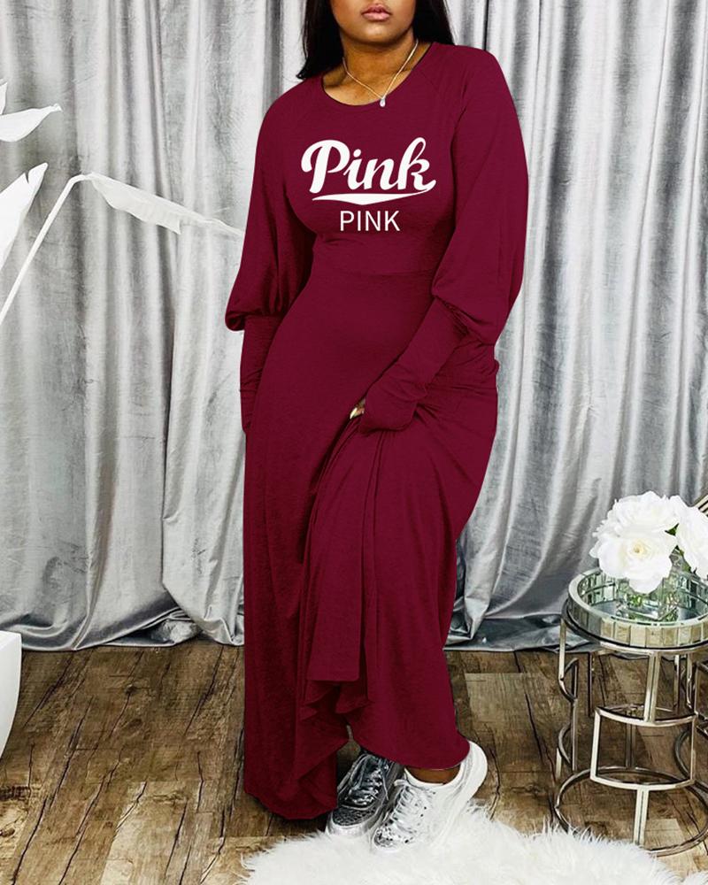 

Gigot Sleeve Letter Print Maxi Dress, Wine red