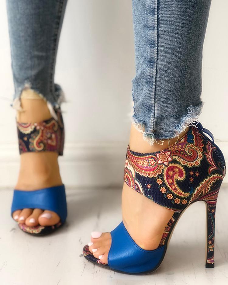 

Ethnic Style Open Toe Thin Heeled Sandals, Blue