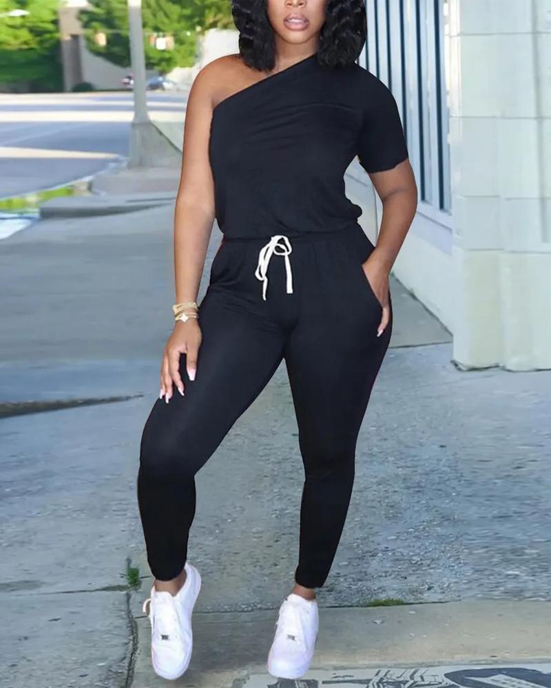 

One Shoulder Pocket Detail Drawstring Jumpsuit, Black
