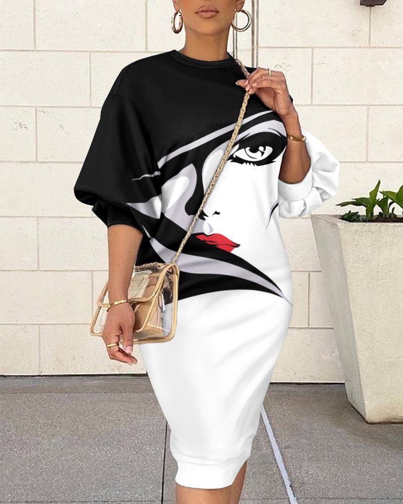 

Figure Print Lantern Sleeve Casual Dress, Blackwhite
