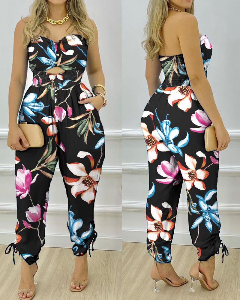 

Floral Print Bandeau Cutout Shirred Pocket Design Jumpsuit, Black