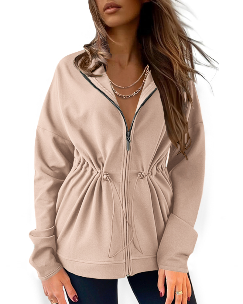 

Long Sleeve Waist Drawstring Hooded Coat Casual Loose Fit Cardigan Jacket with Pockets, Khaki