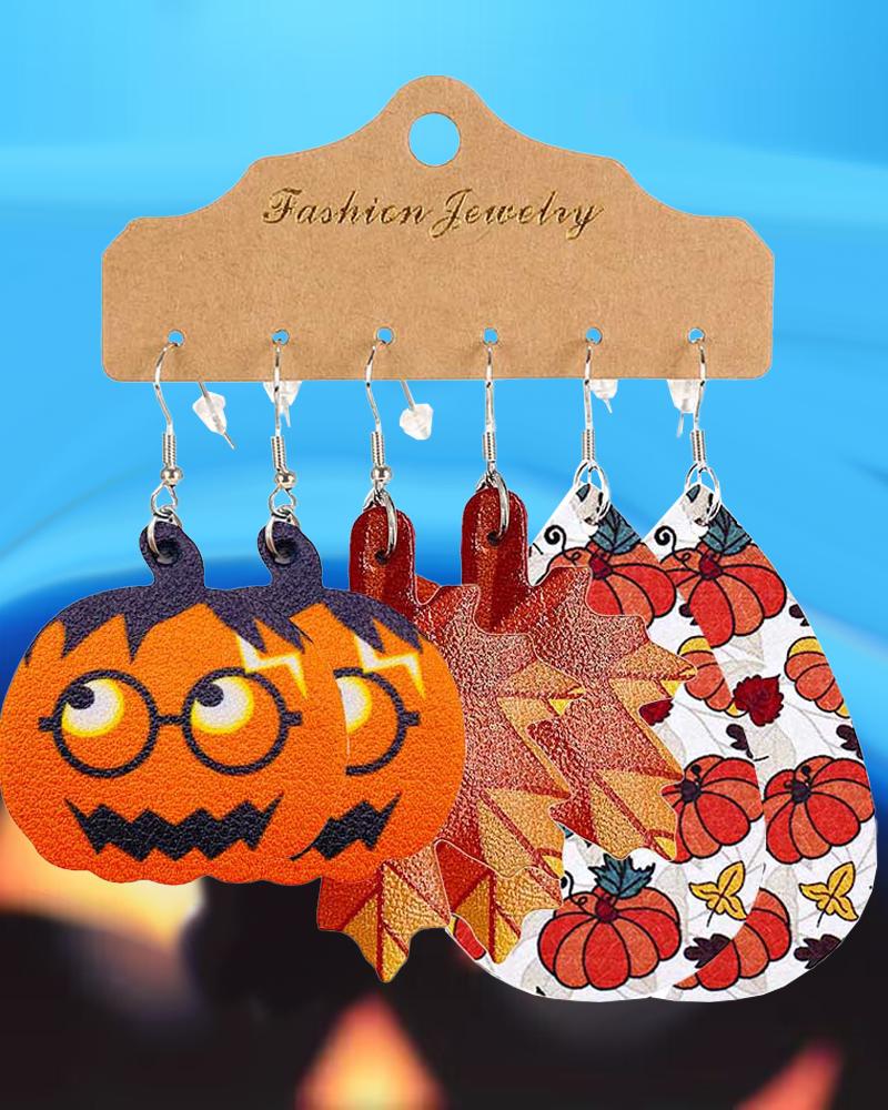 

3Pairs Halloween Pumpkin Maple Leaf Waterdrop Dangle Hook Earrings Set, Orange