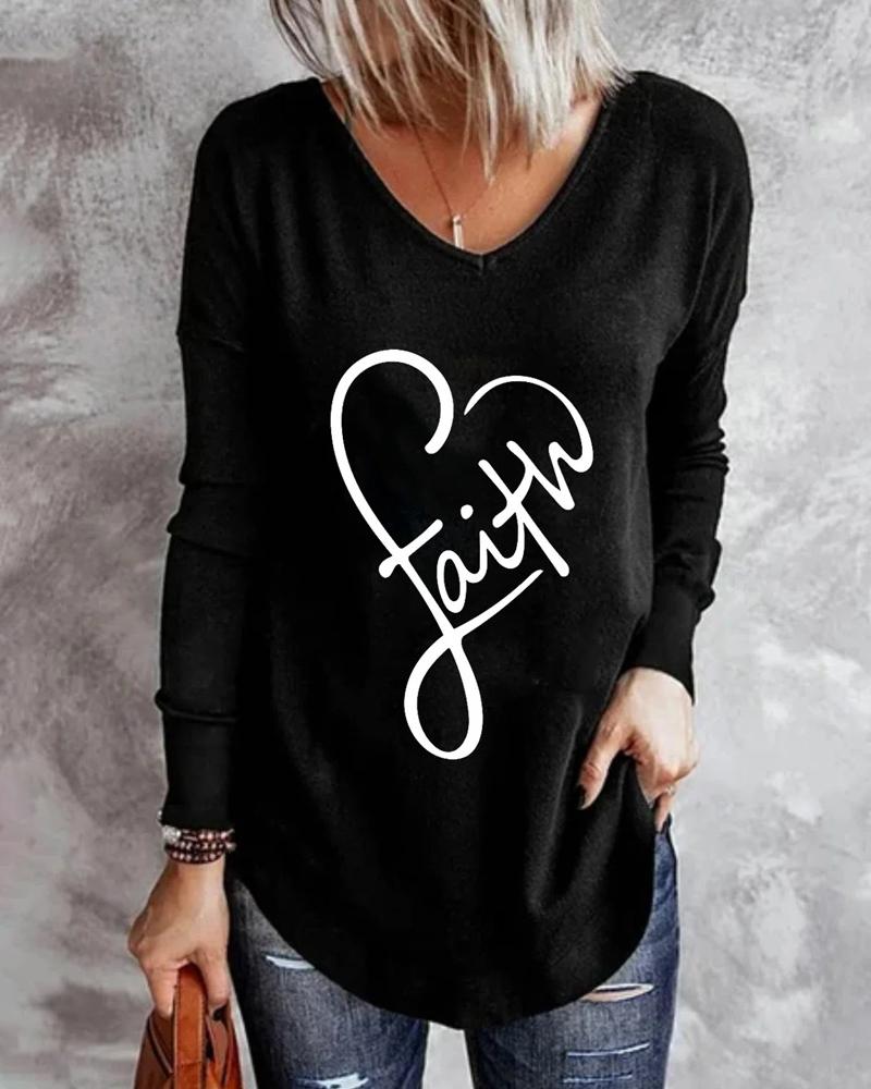 

Valentine's Day Heart Letter Print Long Sleeve Top, Black