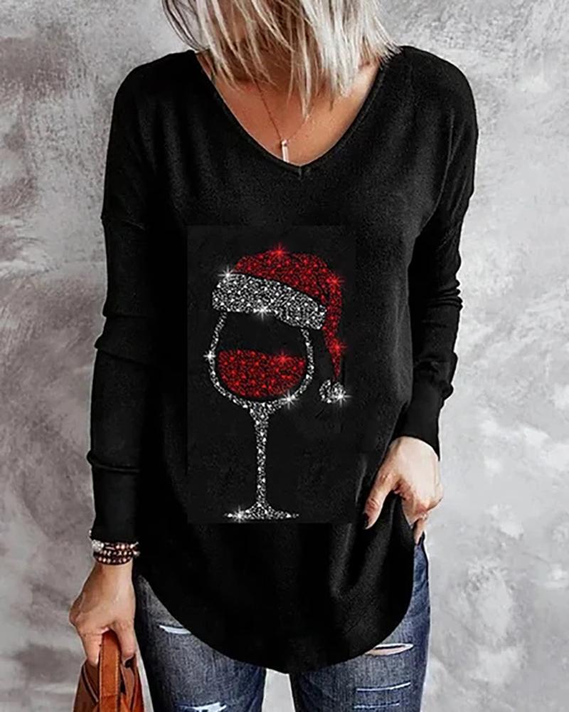 

Plus Size Christmas Hat Wine Glasses Print Long Sleeve Top, Black