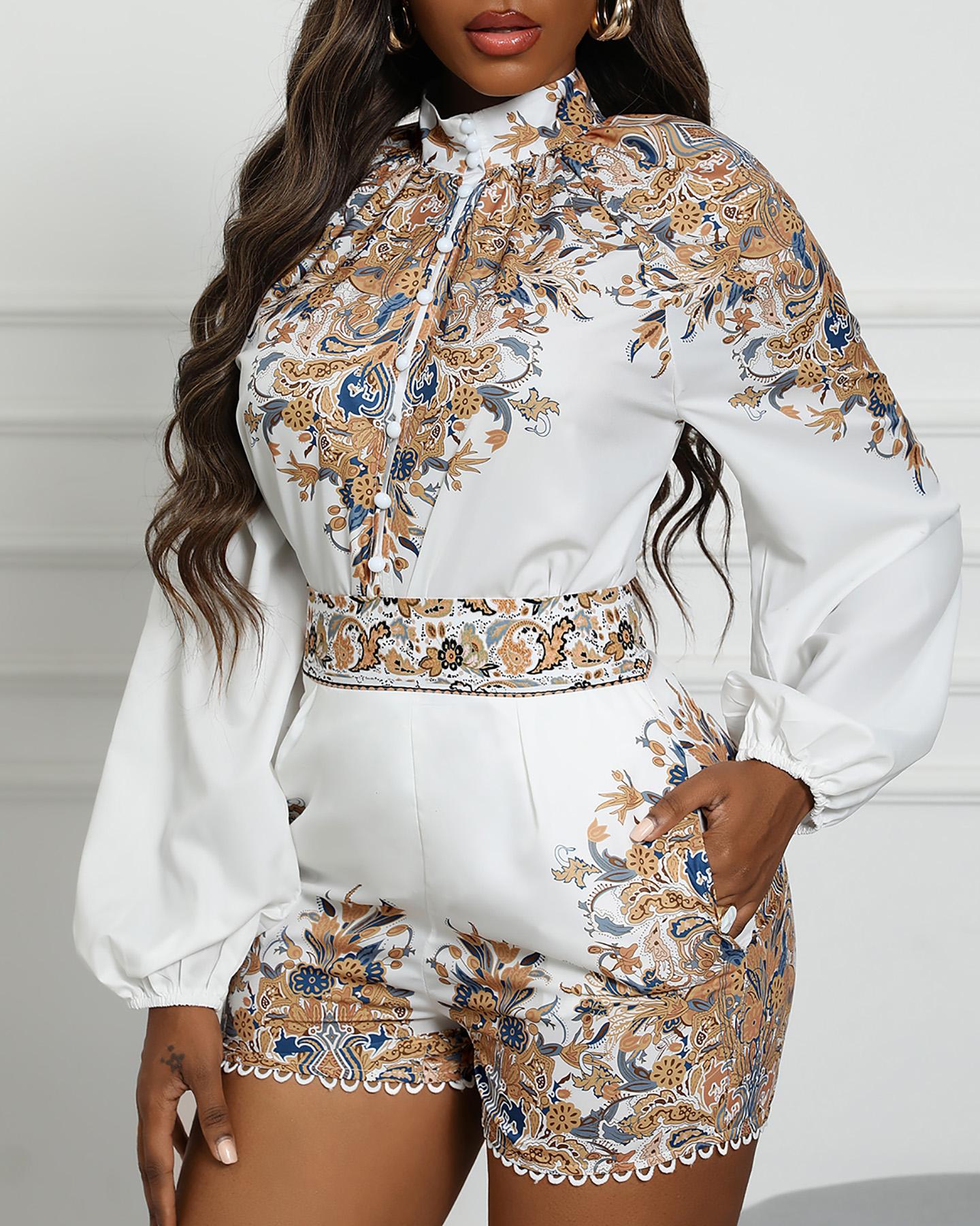 

Baroque Print Button Front Lantern Sleeve Top & Shorts Set, White