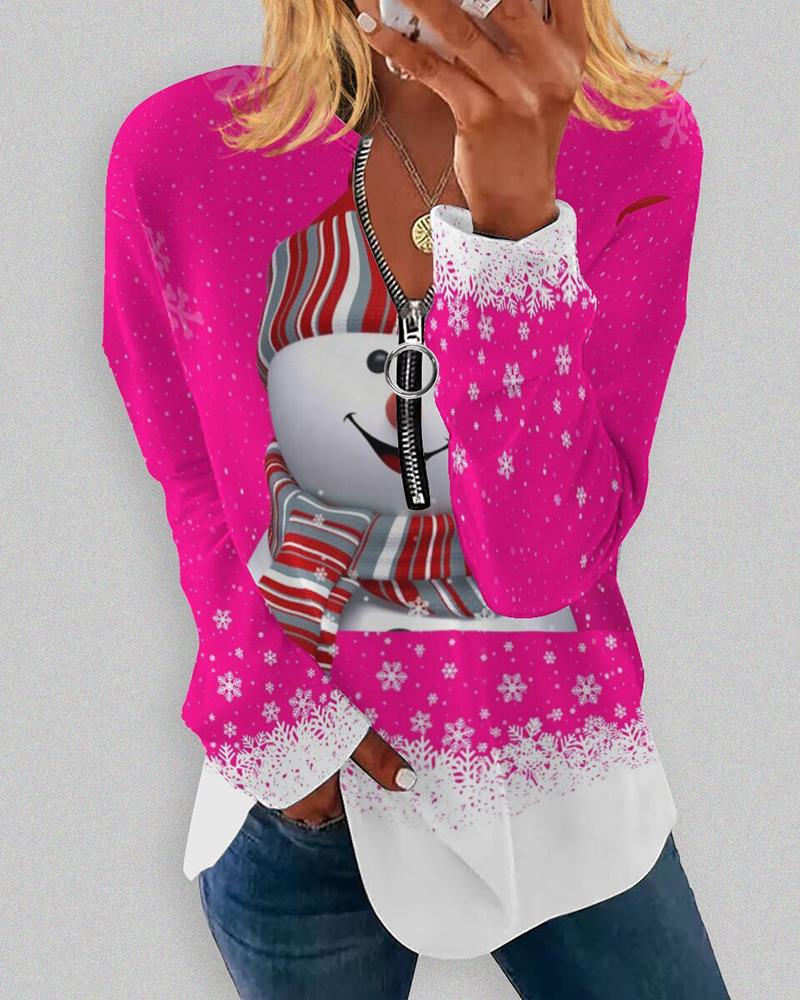 

Christmas Zipper Design Snowman Print Top, Hot pink
