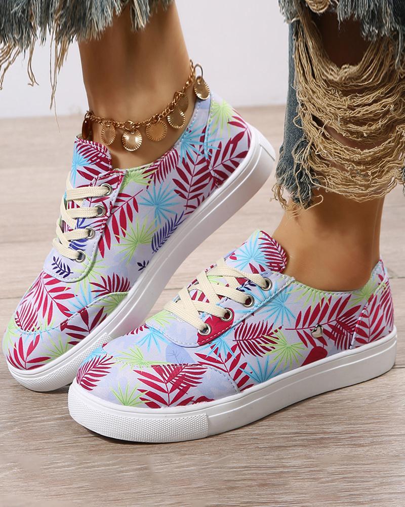 

Tropical Print Lace-up Canvas Sneakers, Purple
