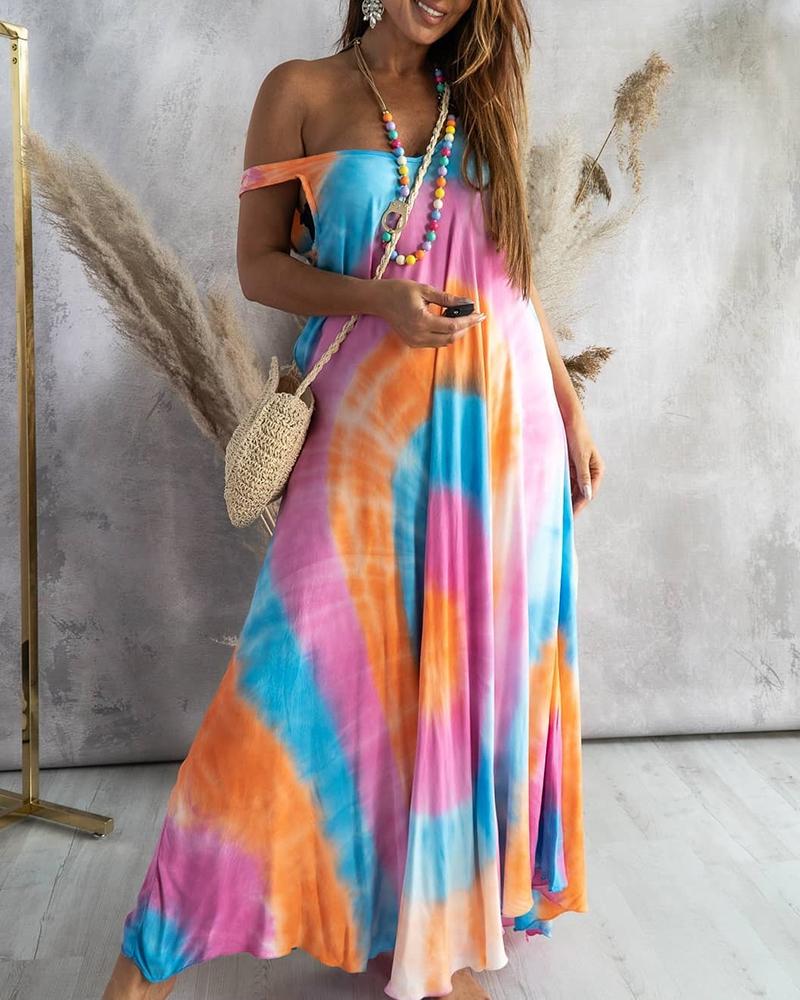 

Tie Dye Print Off Shoulder Flared Dress, Multicolor