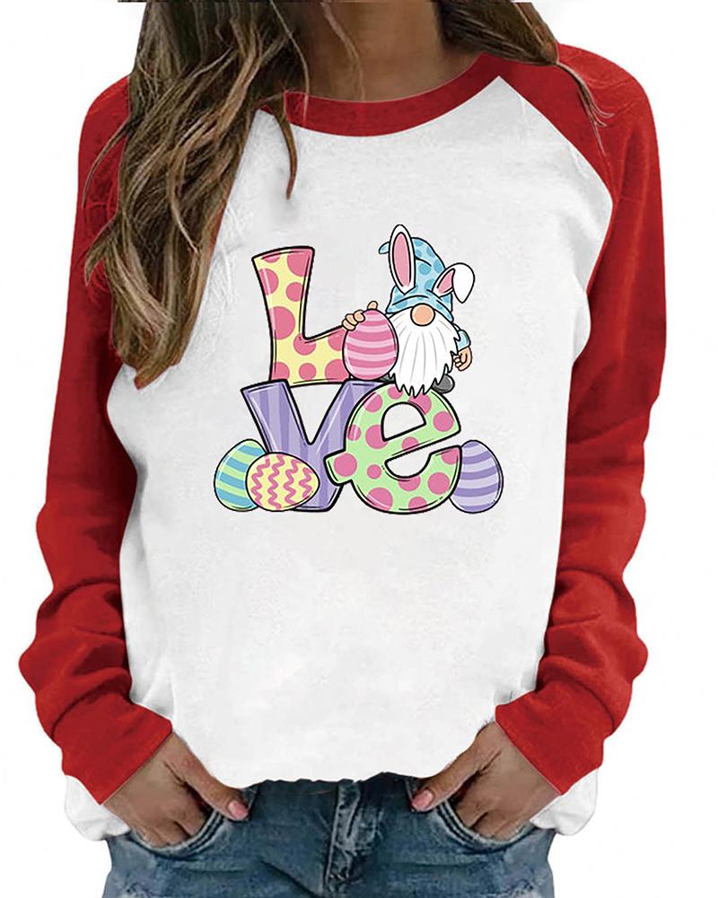 

Valentine's Day O-Neck Colorblock Letter Dwarf Print Top, Red