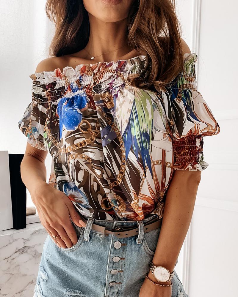 

Floral Chain Print Off Shoulder Ruffles Women Blouse, Brown