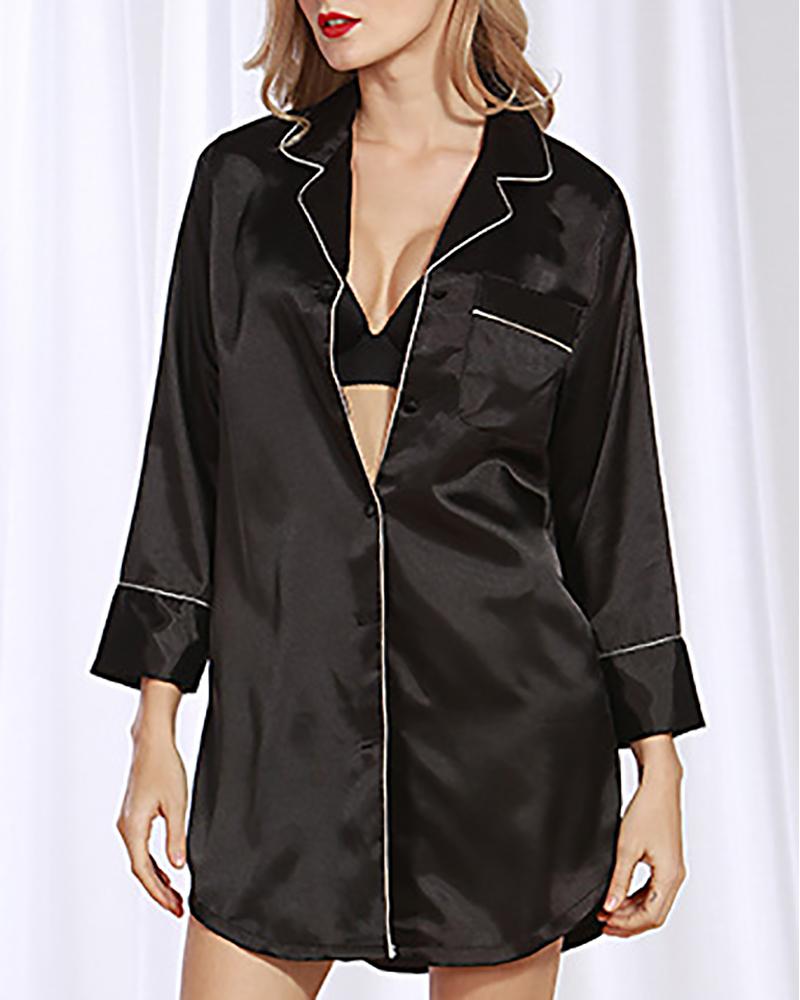 

Pocket Button Design Contrast Binding Satin Nightgown, Black