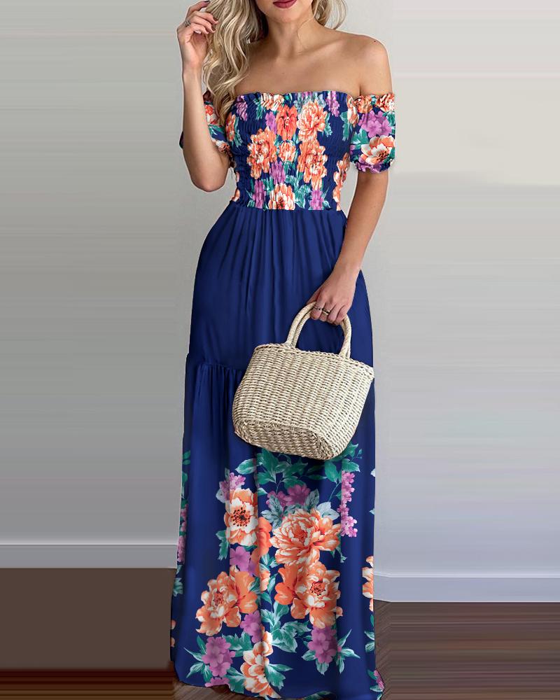

Floral Print Off Shoulder Shirred Maxi Dress, Dark blue
