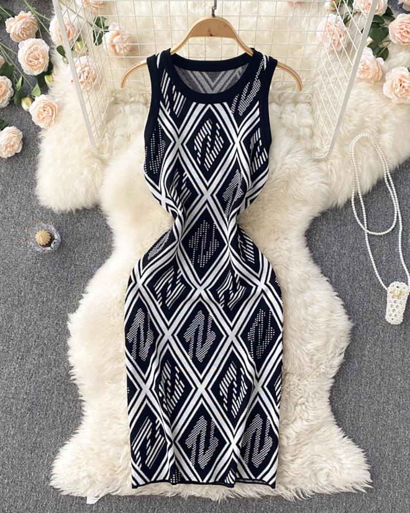 

Letter Plaid Pattern Tight Waist Knit Bodycon Dress, Black