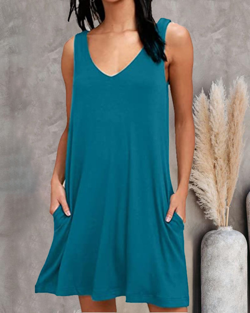 

Pocket Detail V-Neck Casual Tank Dress, Blue