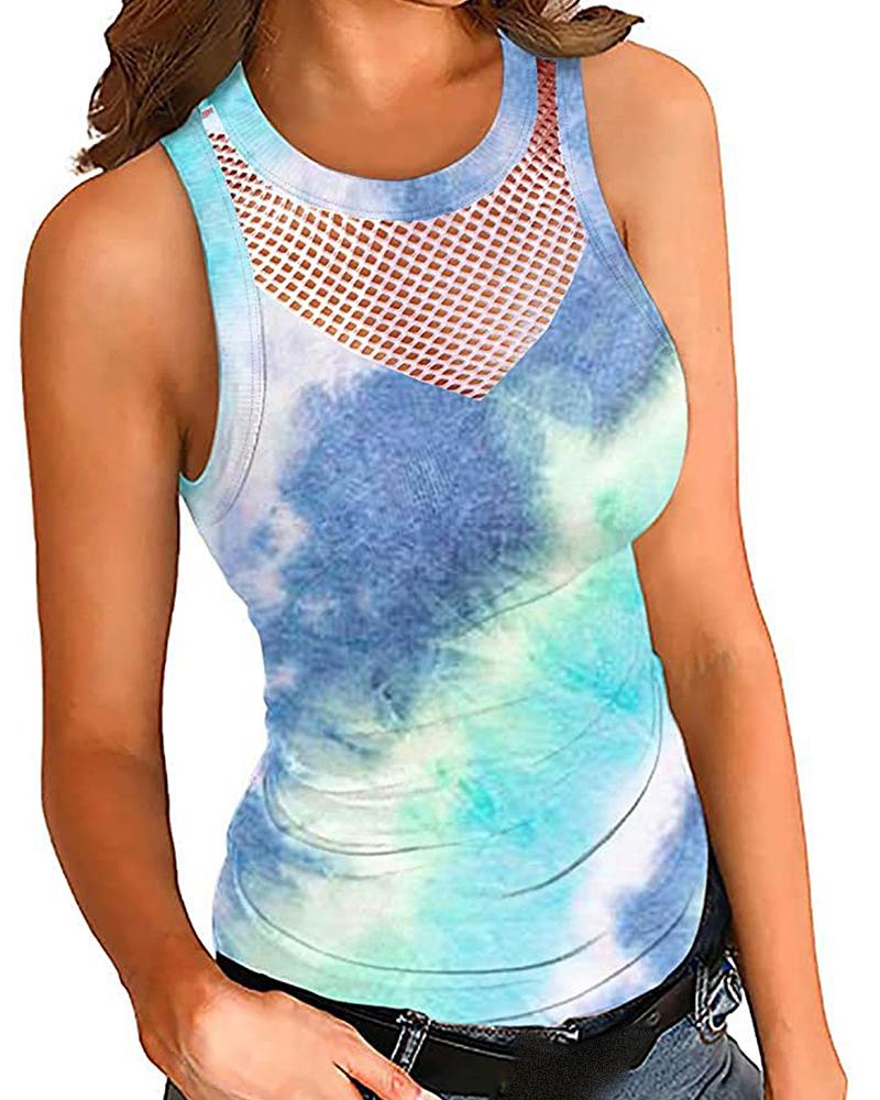 

Round Neck Tie Dye Print Hollow Out Sleeveless TTank, Style2