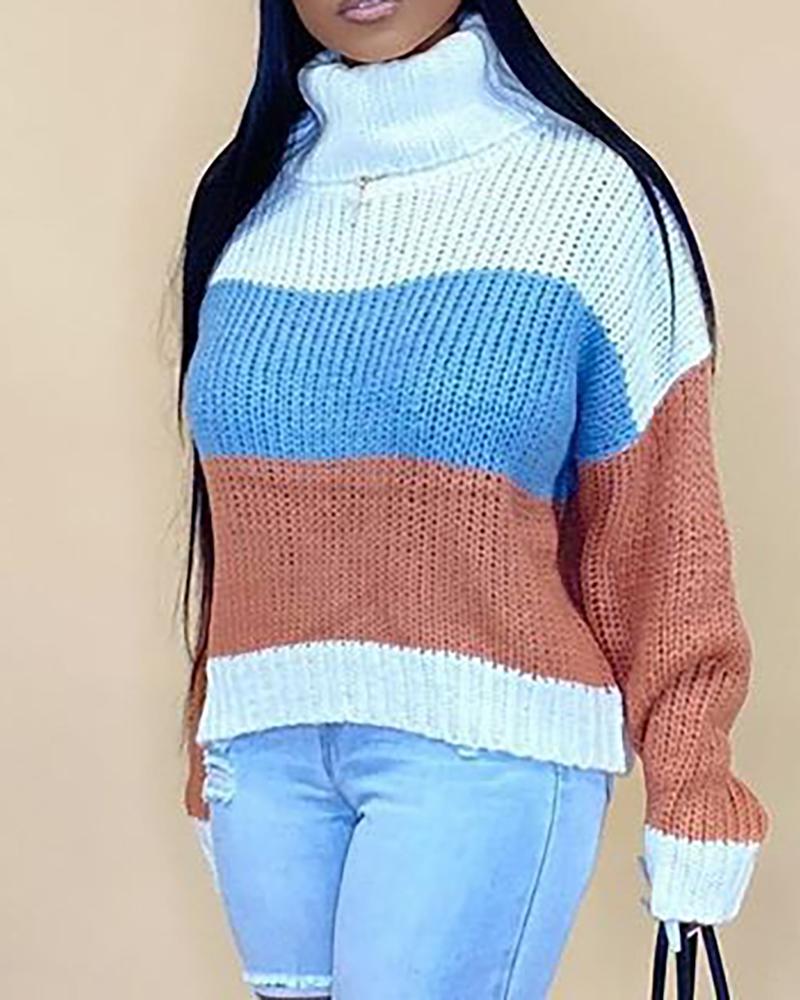 

High Neck Long Sleeve Colorblock Sweater, Blue