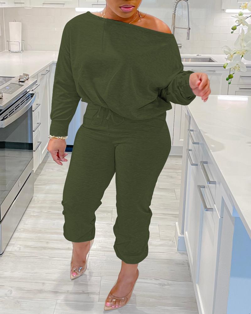 

Plus Size Skew Neck Top & Drawstring Pants Set, Army green