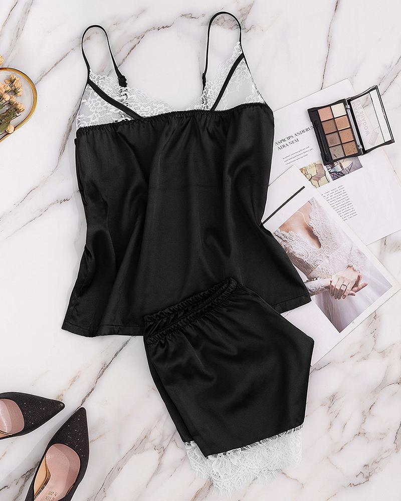 

Satin Eyelash Crochet Lace Colorblock Cami Set, Black