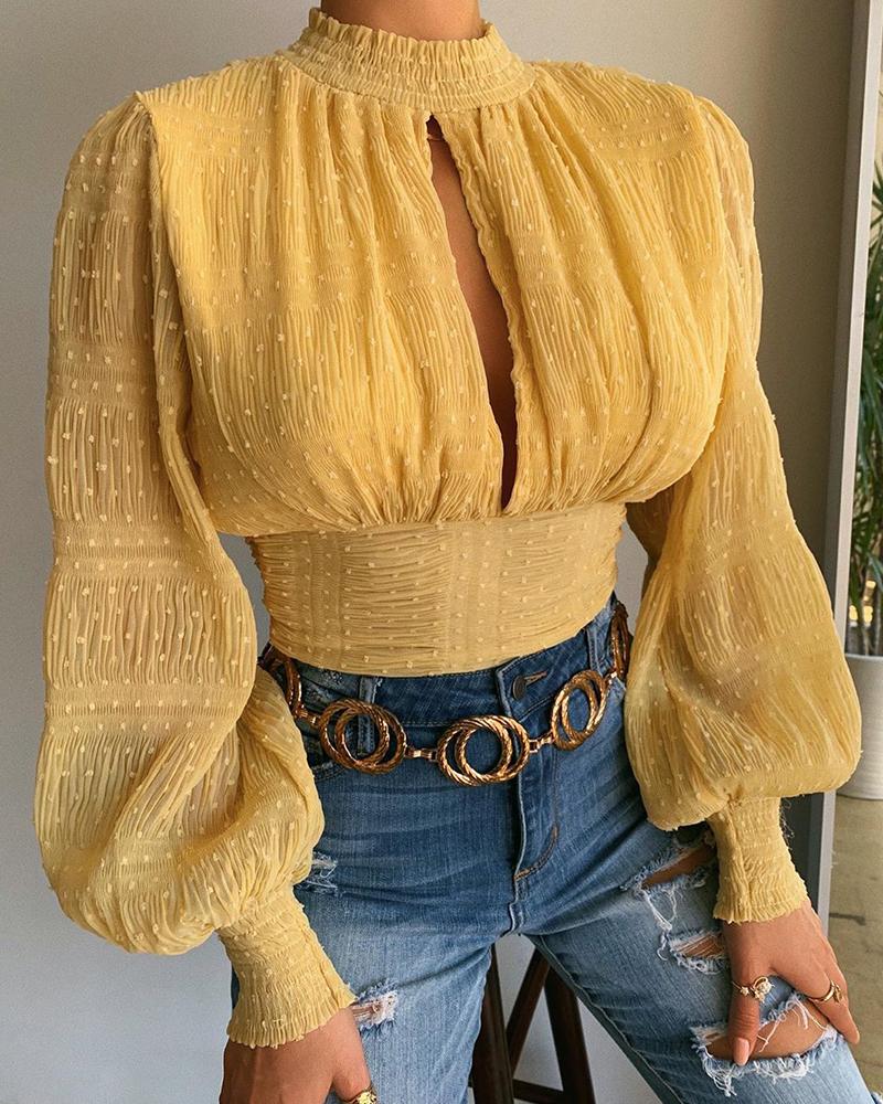 

Solid Bubble Sleeve Loose Cut-out Blouse, Yellow