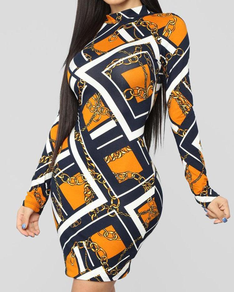 

Geo & Chains Long Sleeve Bodycon Dress, Gold