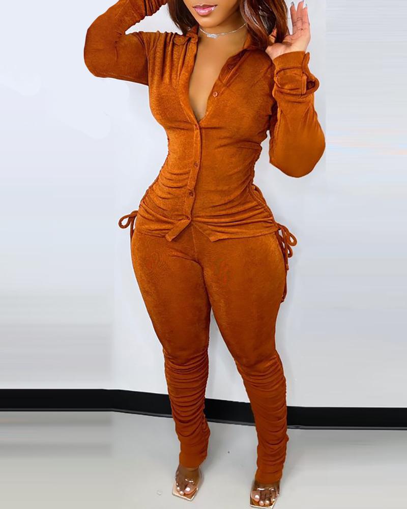 

Long Sleeve Buttoned Shirt & High Waist Ruched Pants Set, Orange