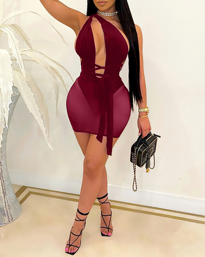 

One Shoulder Cutout Sheer Mesh Bandage Party Dress, Red