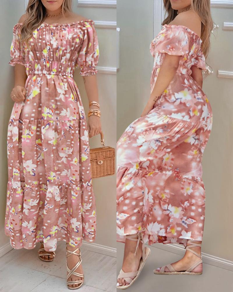 

All Over Print Skinny Waist Off Shoulder Half Sleeve Chiffon Maxi Dress, Pink