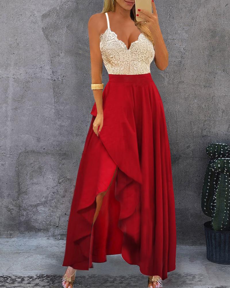 

Spaghetti Strap Lace Ruffles Evening Dress, Wine red