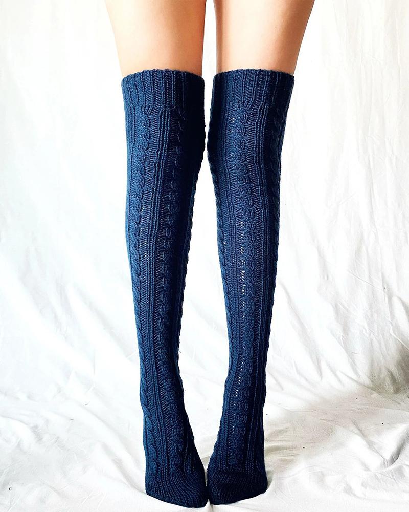 

1Pair Over The Knee Cable Knit Winter Thermal Socks, Dark blue