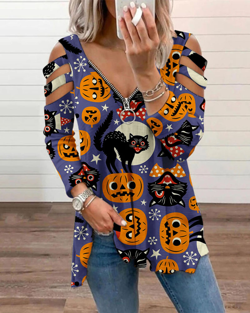 

Halloween Pumpkin Print Zipper Ladder Cut-Out Long Sleeve Top, Style1