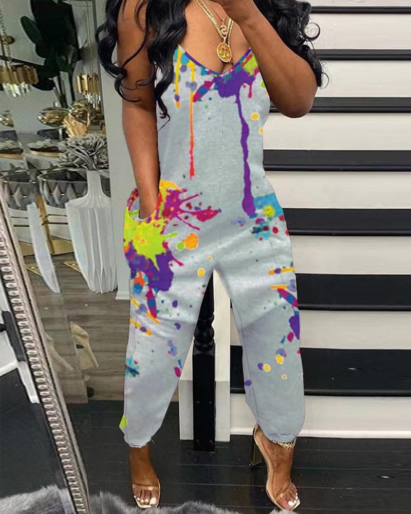 

Pocket Design Sleeveless Ink Splashed Jumpsuit, Gray