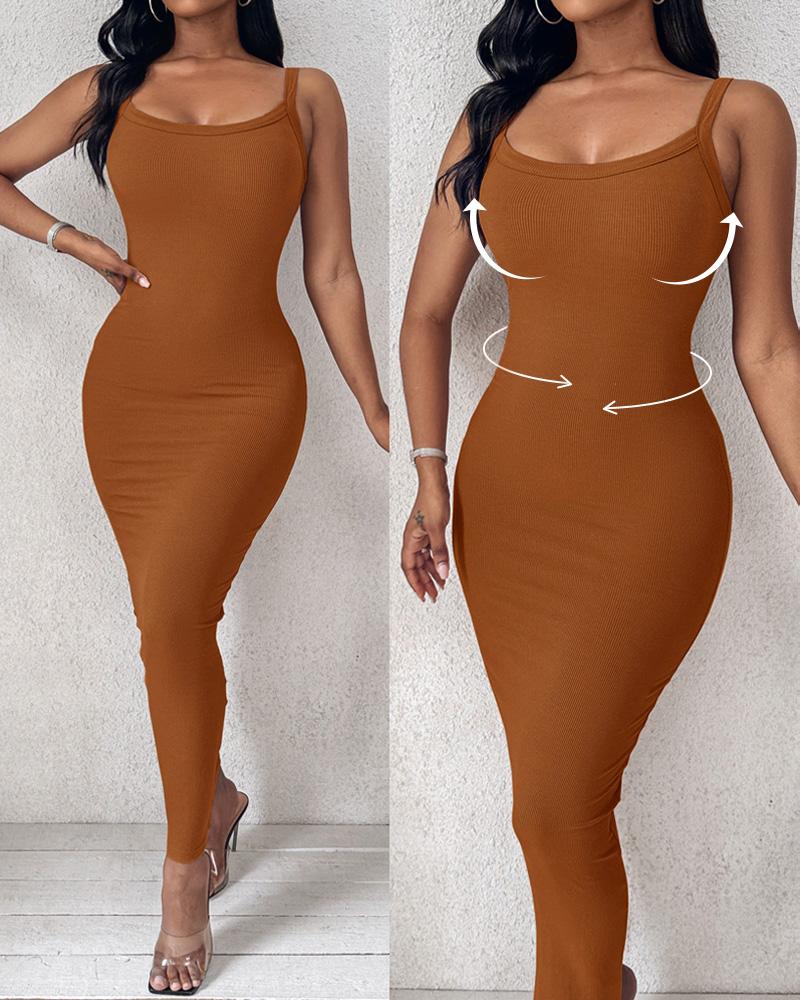 

Vestido longo básico com decote em U e decote em U, elegante, sem mangas, com nervuras, bodycon, maxi vestidos, Brown