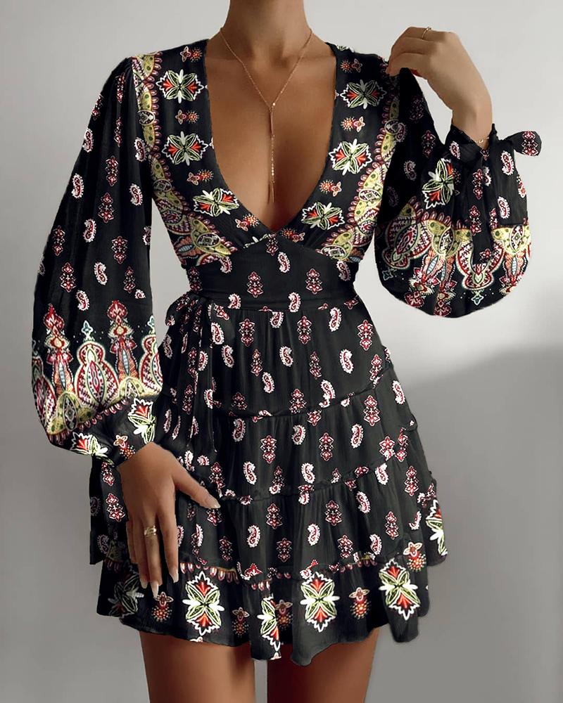 

Lantern Sleeve Ruched Retro Print Dress, Multicolor